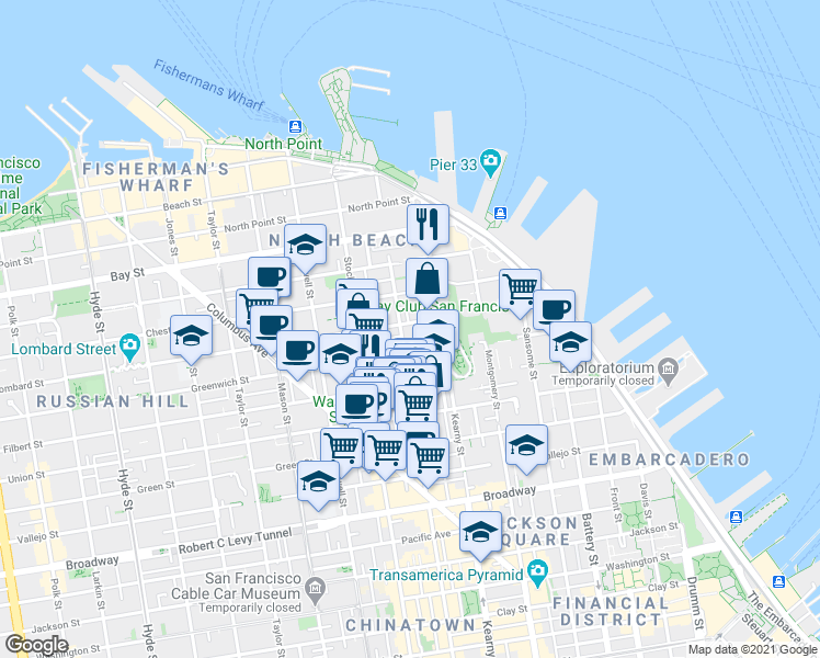 map of restaurants, bars, coffee shops, grocery stores, and more near 425 Greenwich Street in San Francisco