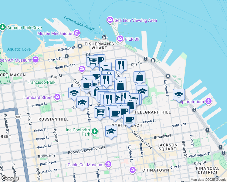 map of restaurants, bars, coffee shops, grocery stores, and more near 636 Greenwich Street in San Francisco