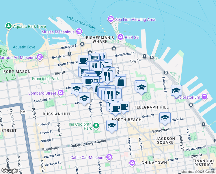 map of restaurants, bars, coffee shops, grocery stores, and more near 640 Lombard Street in San Francisco