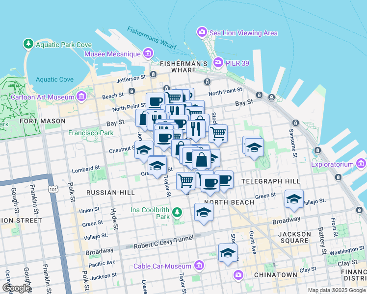 map of restaurants, bars, coffee shops, grocery stores, and more near 722 Lombard Street in San Francisco