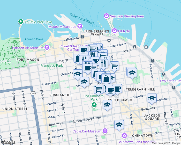 map of restaurants, bars, coffee shops, grocery stores, and more near 722 Lombard Street in San Francisco