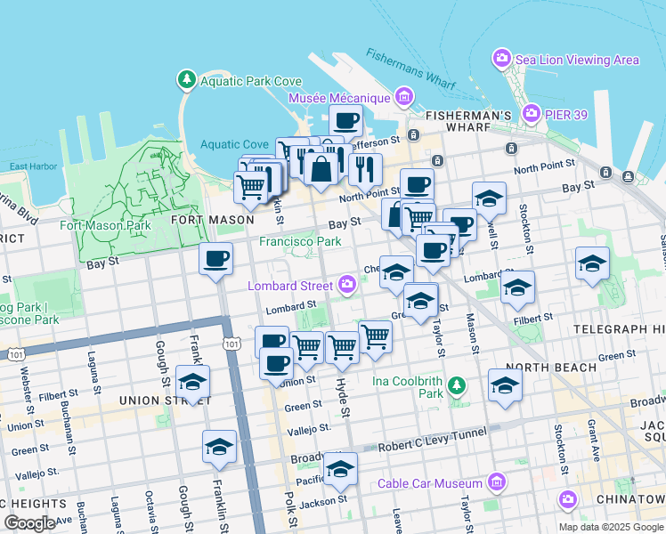 map of restaurants, bars, coffee shops, grocery stores, and more near in San Francisco