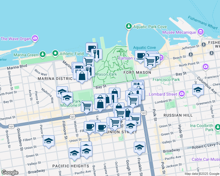 map of restaurants, bars, coffee shops, grocery stores, and more near 3219 Gough Street in San Francisco