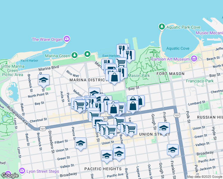 map of restaurants, bars, coffee shops, grocery stores, and more near 1600 Bay Street in San Francisco