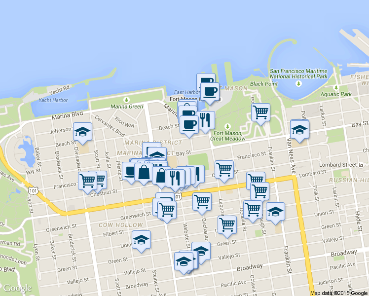 map of restaurants, bars, coffee shops, grocery stores, and more near 1674 Bay Street in San Francisco