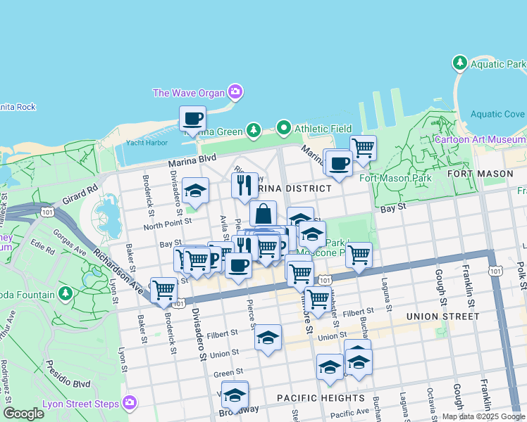 map of restaurants, bars, coffee shops, grocery stores, and more near 10 Capra Way in San Francisco