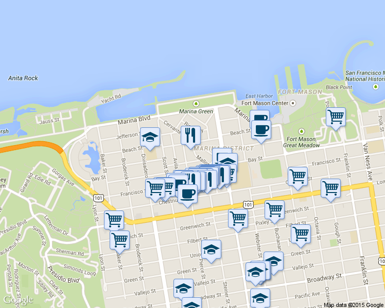map of restaurants, bars, coffee shops, grocery stores, and more near 10 Capra Way in San Francisco