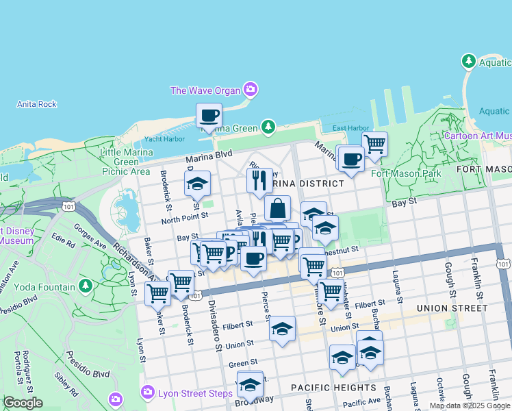 map of restaurants, bars, coffee shops, grocery stores, and more near in San Francisco