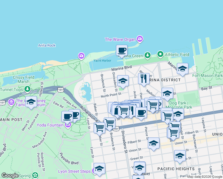 map of restaurants, bars, coffee shops, grocery stores, and more near 3617 Divisadero Street in San Francisco