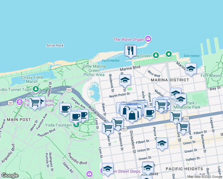 map of restaurants, bars, coffee shops, grocery stores, and more near 3524 Broderick Street in San Francisco