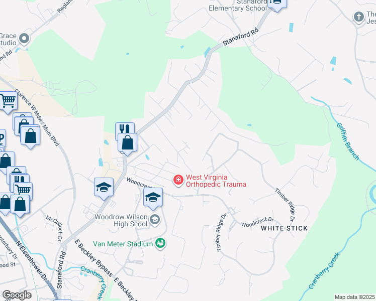 map of restaurants, bars, coffee shops, grocery stores, and more near 189 Deep Wood Street in Beckley