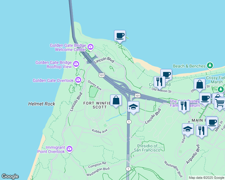 map of restaurants, bars, coffee shops, grocery stores, and more near 1293b Storey Avenue in San Francisco