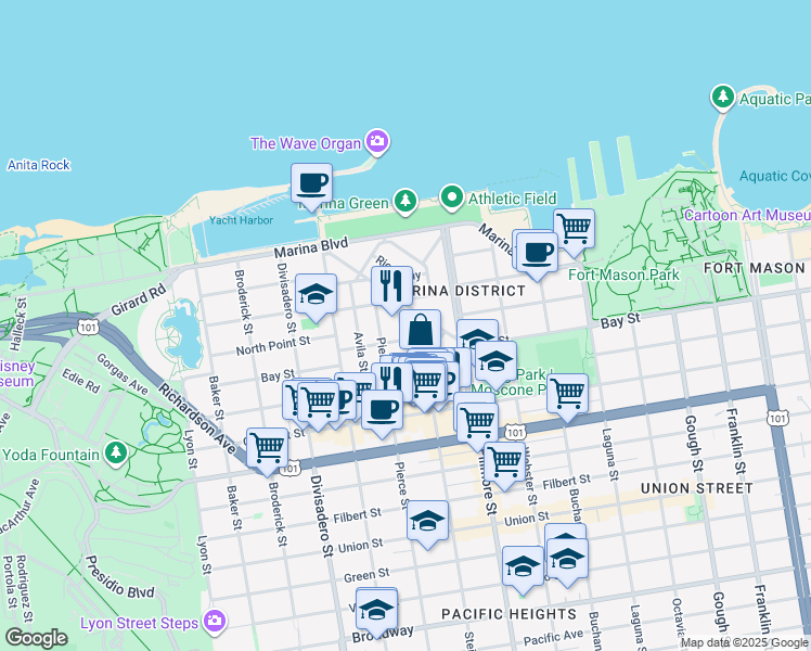 map of restaurants, bars, coffee shops, grocery stores, and more near 10 Capra Way in San Francisco