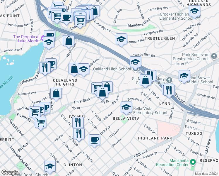 map of restaurants, bars, coffee shops, grocery stores, and more near 882 Cleveland Street in Oakland