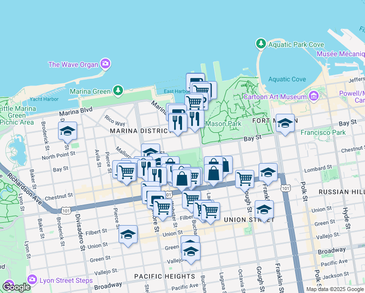 map of restaurants, bars, coffee shops, grocery stores, and more near 1600 Bay Street in San Francisco