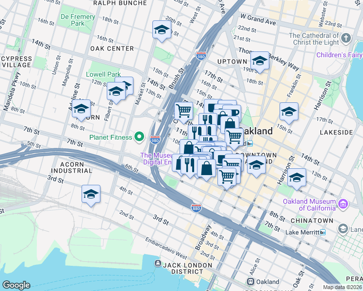map of restaurants, bars, coffee shops, grocery stores, and more near  in Oakland