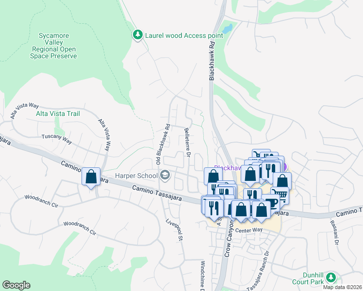 map of restaurants, bars, coffee shops, grocery stores, and more near 416 Triomphe Court in Danville