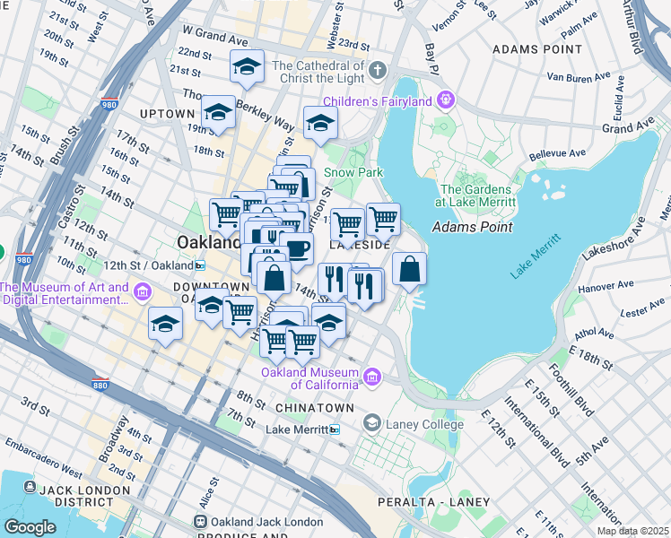 map of restaurants, bars, coffee shops, grocery stores, and more near 1505 Jackson Street in Oakland