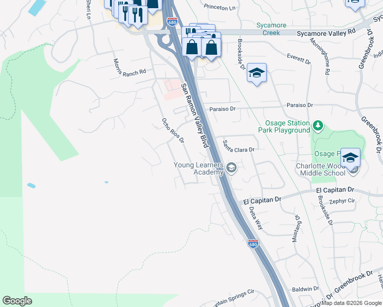 map of restaurants, bars, coffee shops, grocery stores, and more near 1040 Ocho Rios Drive in Danville