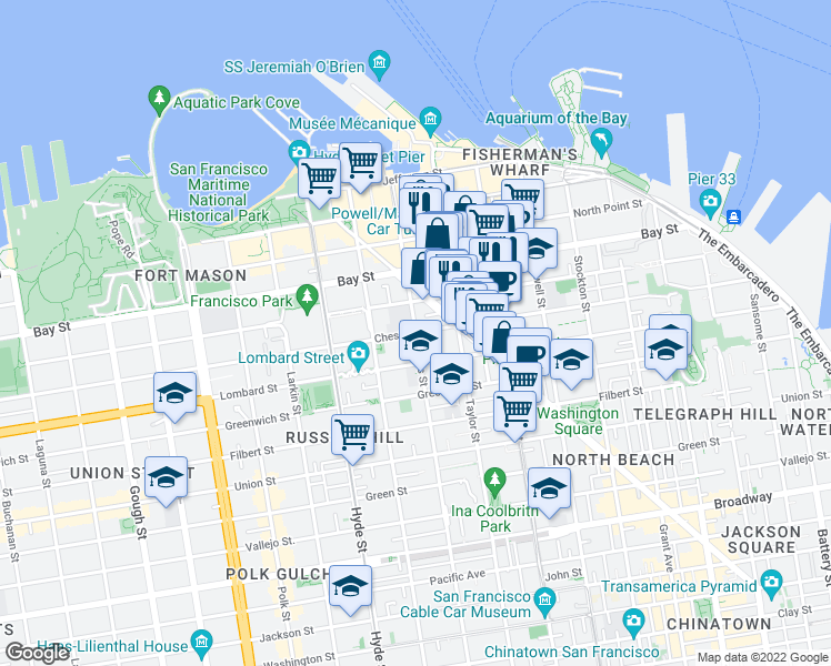 map of restaurants, bars, coffee shops, grocery stores, and more near Chestnut St & Jones St in San Francisco