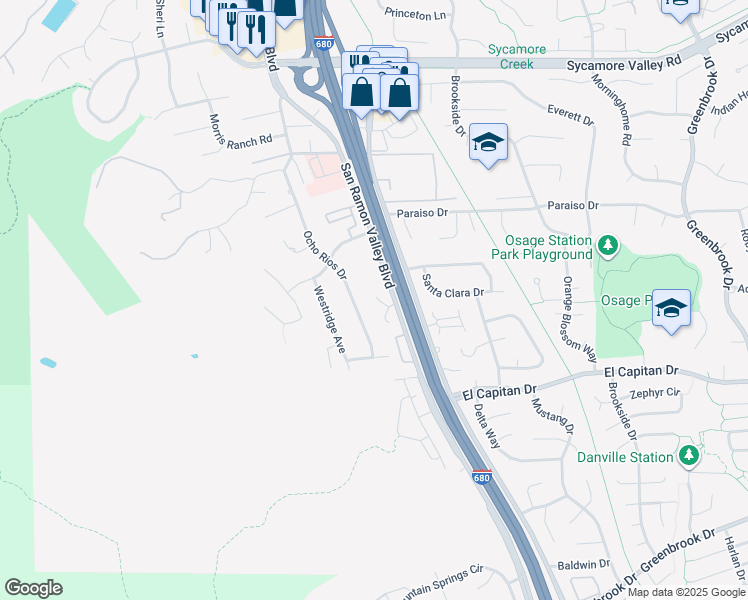 map of restaurants, bars, coffee shops, grocery stores, and more near 1129 San Ramon Valley Boulevard in Danville