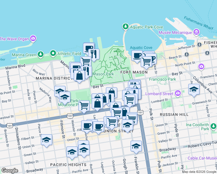 map of restaurants, bars, coffee shops, grocery stores, and more near 3201 Gough Street in San Francisco