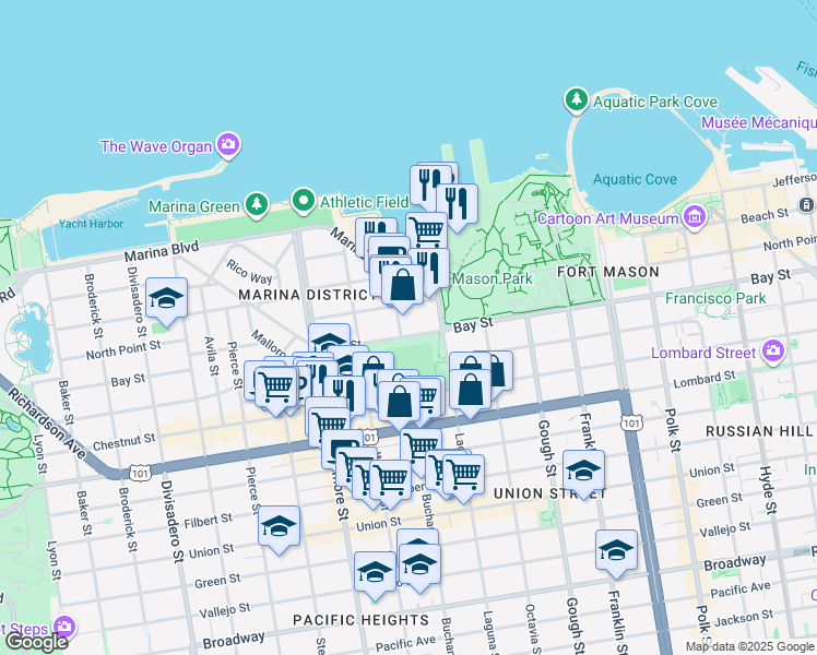 map of restaurants, bars, coffee shops, grocery stores, and more near 1600 Bay Street in San Francisco
