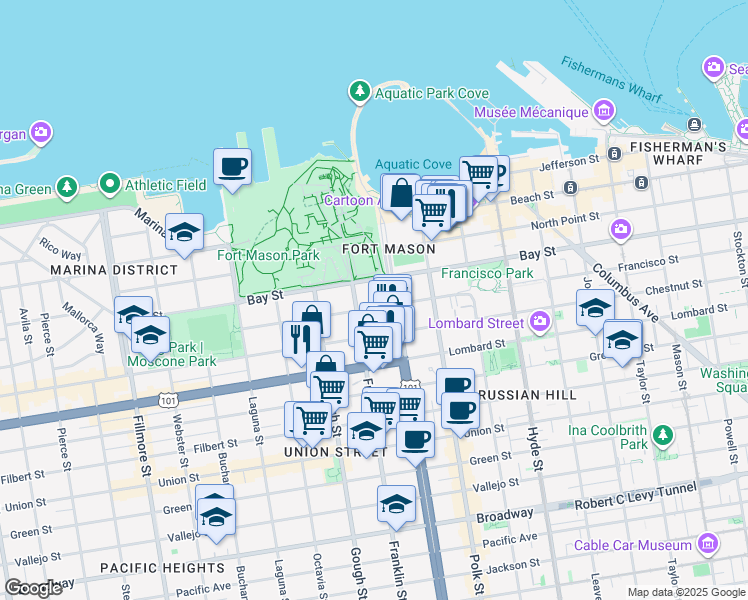 map of restaurants, bars, coffee shops, grocery stores, and more near 13 Francisco Street in San Francisco