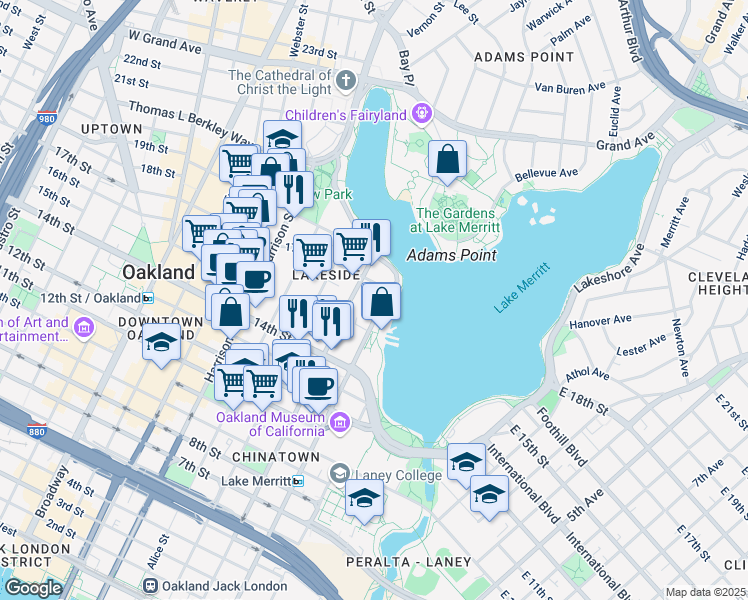 map of restaurants, bars, coffee shops, grocery stores, and more near in Oakland