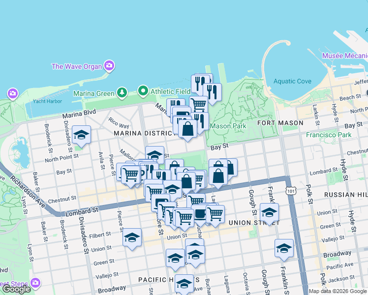 map of restaurants, bars, coffee shops, grocery stores, and more near 3615 Buchanan Street in San Francisco