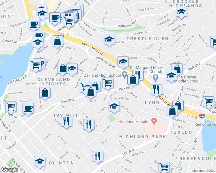 map of restaurants, bars, coffee shops, grocery stores, and more near 2982 Park Boulevard in Oakland