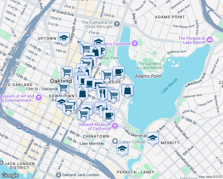 map of restaurants, bars, coffee shops, grocery stores, and more near 1551 Madison Street in Oakland