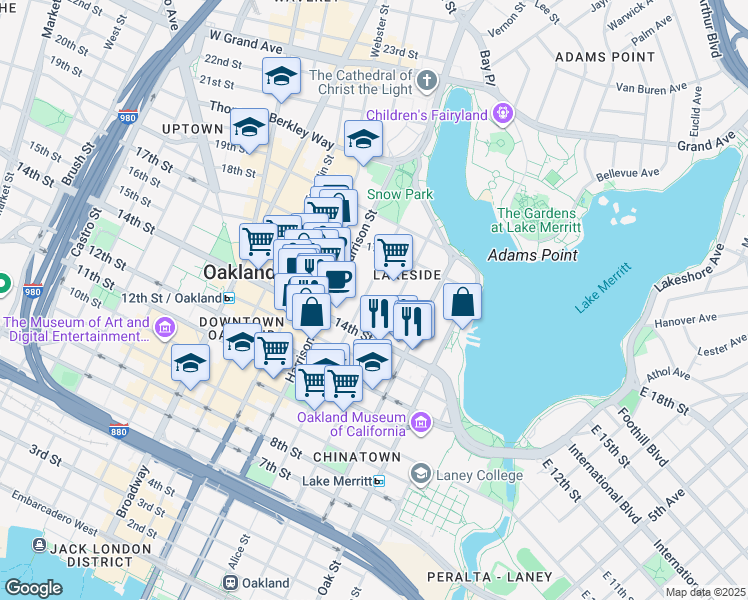 map of restaurants, bars, coffee shops, grocery stores, and more near 1505 Jackson Street in Oakland
