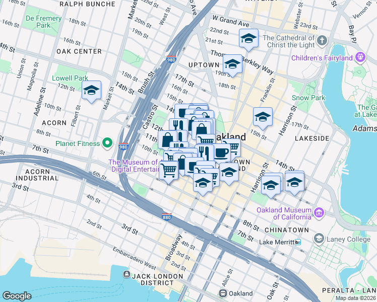 map of restaurants, bars, coffee shops, grocery stores, and more near 510 11th Street in Oakland