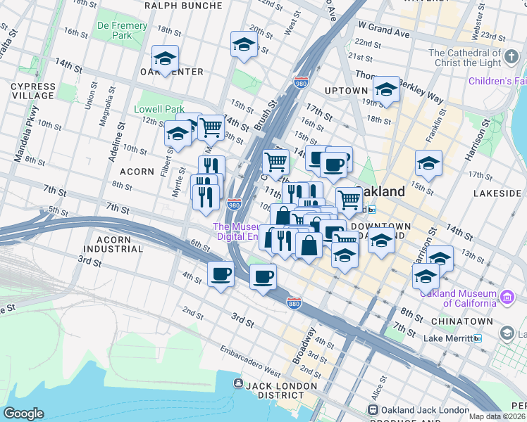 map of restaurants, bars, coffee shops, grocery stores, and more near in Oakland
