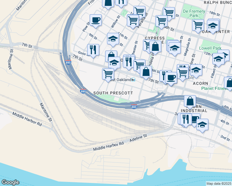 map of restaurants, bars, coffee shops, grocery stores, and more near 1551 3rd Street in Oakland