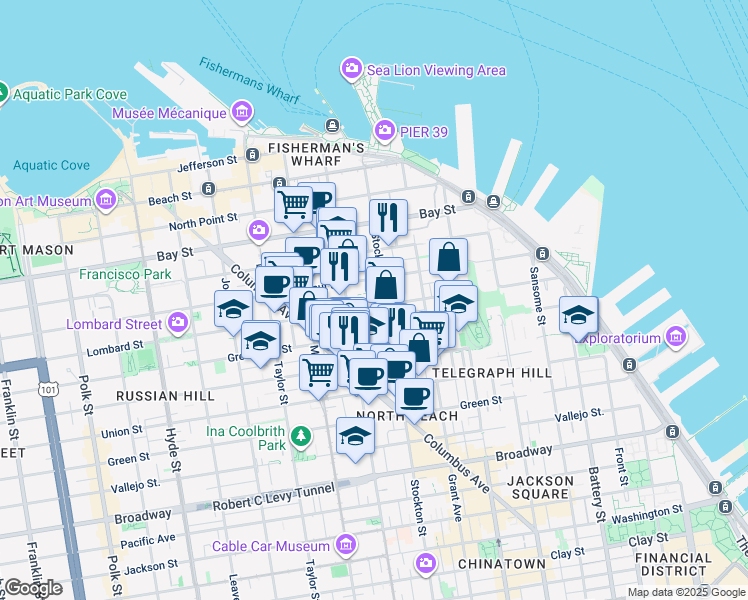 map of restaurants, bars, coffee shops, grocery stores, and more near 636 Greenwich Street in San Francisco