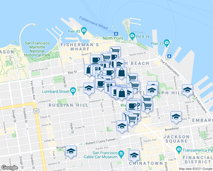 map of restaurants, bars, coffee shops, grocery stores, and more near in San Francisco