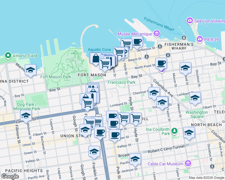 map of restaurants, bars, coffee shops, grocery stores, and more near 131 Culebra Terrace in San Francisco