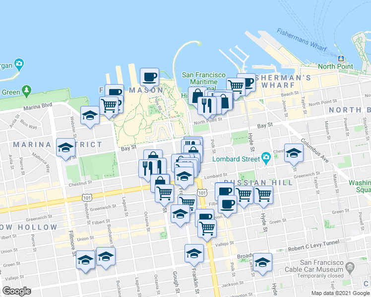 map of restaurants, bars, coffee shops, grocery stores, and more near 13 Francisco Street in San Francisco
