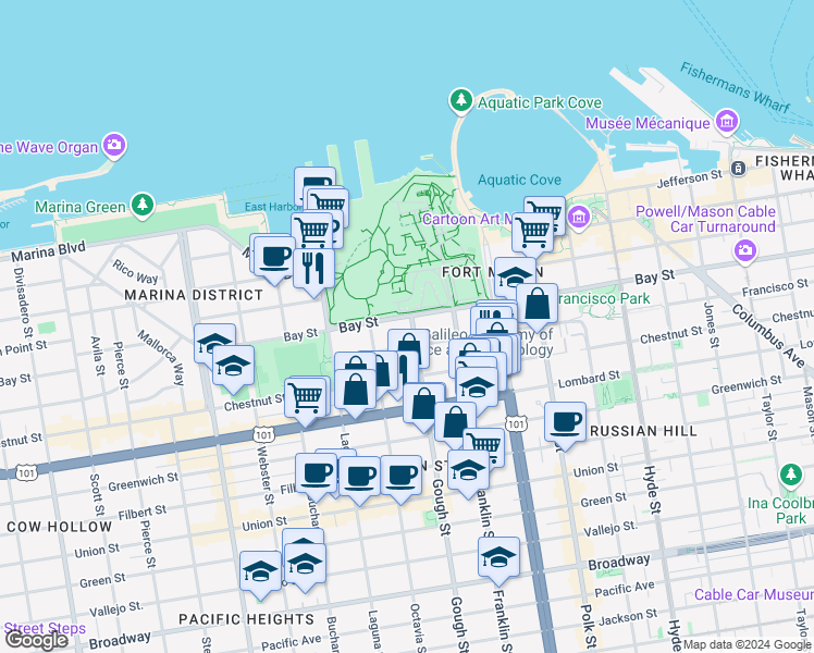 map of restaurants, bars, coffee shops, grocery stores, and more near 3219 Gough Street in San Francisco