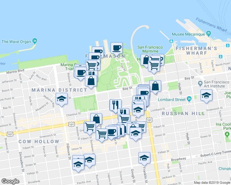 map of restaurants, bars, coffee shops, grocery stores, and more near 3219 Gough Street in San Francisco