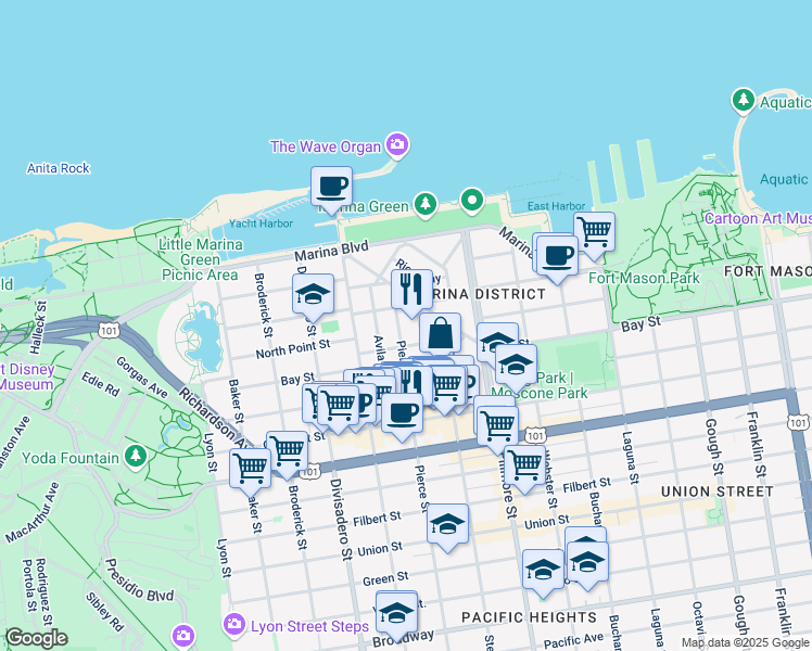 map of restaurants, bars, coffee shops, grocery stores, and more near in San Francisco