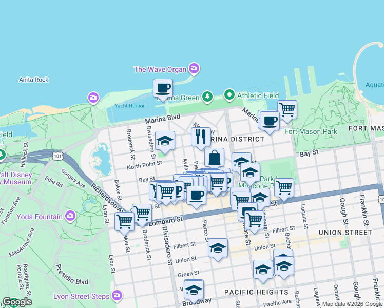 map of restaurants, bars, coffee shops, grocery stores, and more near in San Francisco