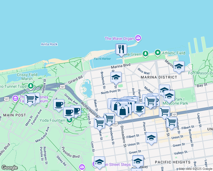 map of restaurants, bars, coffee shops, grocery stores, and more near 3524 Broderick Street in San Francisco