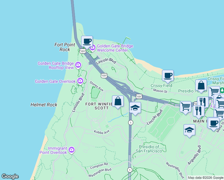 map of restaurants, bars, coffee shops, grocery stores, and more near 1293b Storey Avenue in San Francisco