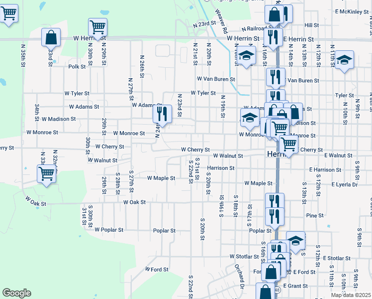 map of restaurants, bars, coffee shops, grocery stores, and more near 101 22nd Street in Herrin