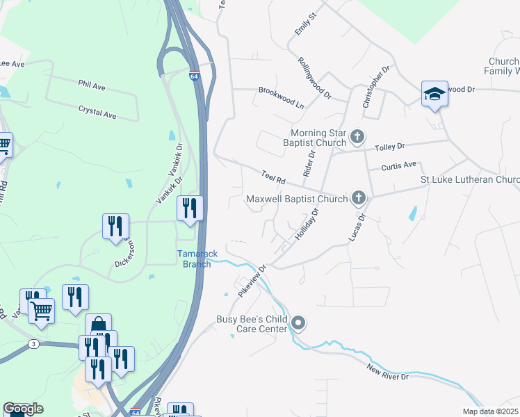 map of restaurants, bars, coffee shops, grocery stores, and more near 607 Sapphire Lane in Beckley