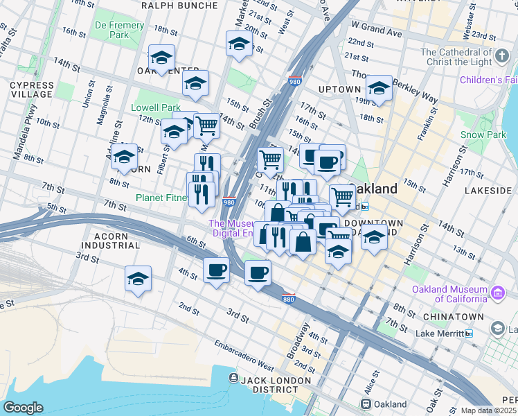 map of restaurants, bars, coffee shops, grocery stores, and more near in Oakland