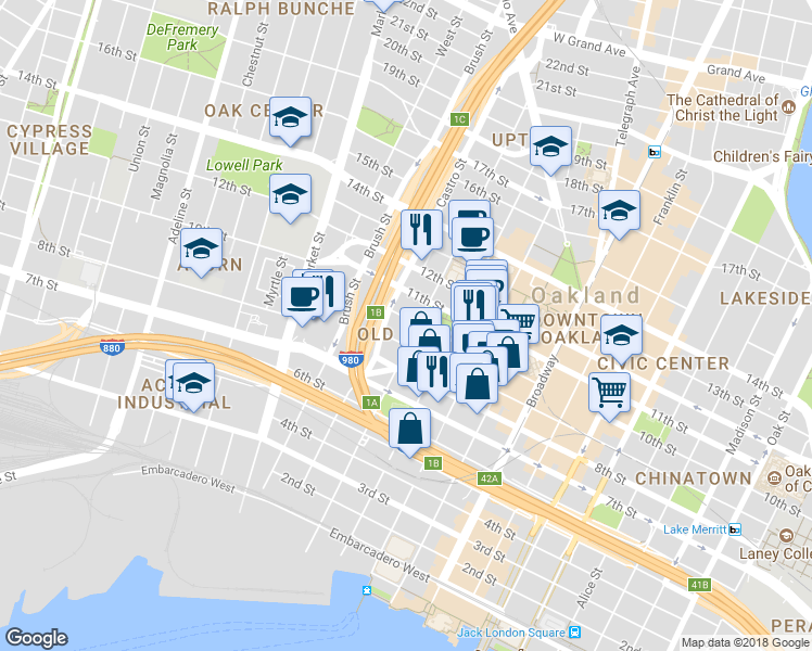 map of restaurants, bars, coffee shops, grocery stores, and more near 667 10th Street in Oakland